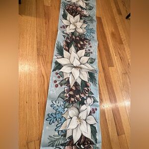 Floral Table Runner with Pinecones poinsettias flowers snowflakes